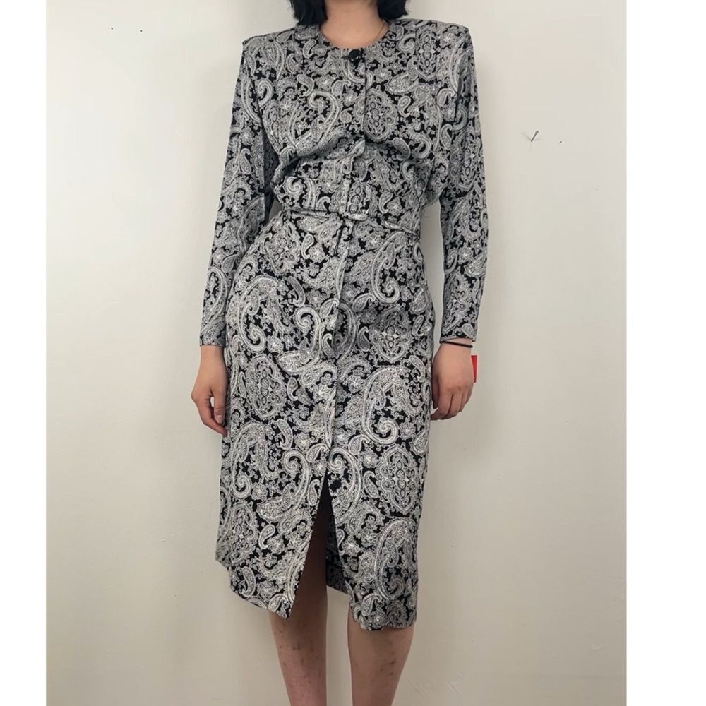 NWT Vintage 70s Saks Black and White Paisley Long Sleeve Belted Dress